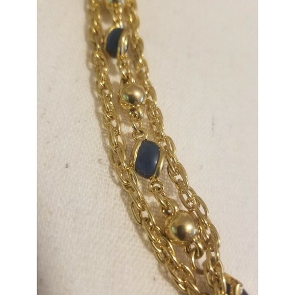 Vintage Triple Strand Necklace Gold Tone Chain Blue and Gold Stations 24" - Picture 2 of 7